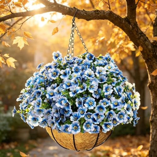 Artificial Hanging Flowers for Outdoors with Basket,UV Resistant Realistic Faux Hanging Plants Outdoor Artificial Flowers for Outdoors Basket for Yard Porch Patio,12 Bundles(Blue White) - color: Blue and White