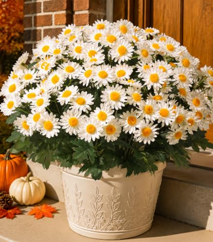 HyeFlora Artificial Fall Faux Mums Flowers Outdoor Plants for Decoration, 6 Bundles Fake Silk White Gerbera Daisy Flowers UV Resistant Look Real for Planter Outside Front Door Porch Patio Balcony - color: White-gerbera