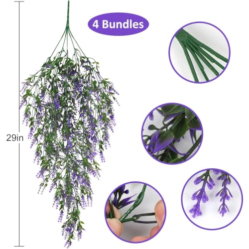 RECUTMS 4Pcs Artificial Purple Hanging Lavender Fake Plants for Outdoors - color: Purple
