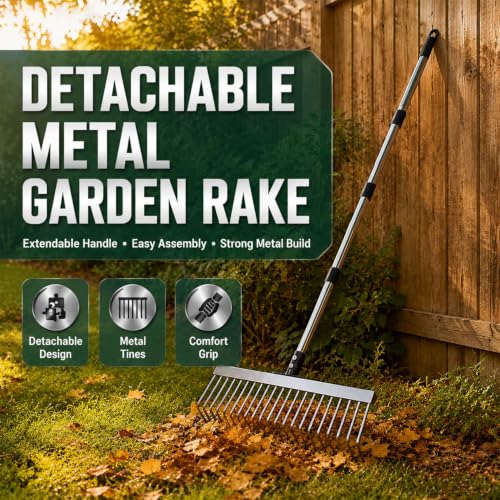 Garden Rake for Leaves, Heavy Duty Metal Leaf Rake for Lawn, Yard, Shrub - size: 63 inch