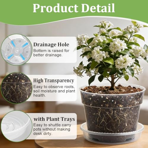 RooTrimmer 15 Pack 8/7/6 Inch Clear Nursery Pots with Saucer, Transparent Plastic Plant Pot with Drainage Hole, Sturdy Planting Starter Pots for Gardening Flower Herb Vegetable - color: Clear, size: Mix 6/7/8 Inch 15 Pack
