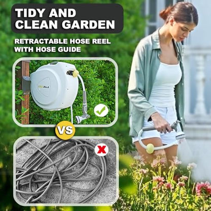 Retractable Garden Hose Reel, 1/2 in 120+6 ft, Heavy Duty Wall Mounted Water Hose Reel, Spring Power Automatic Rewind, Any Length Lock, 180° Swivel Bracket, 10 Pattern Spray Nozzle - size: 1/2" 120FT