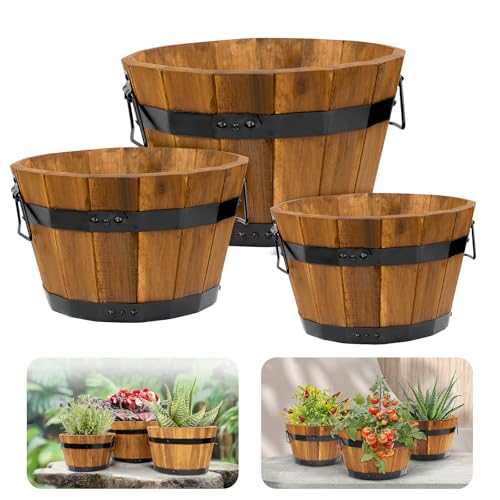 Idzo Set of 3 Wooden Flower Boxes Outdoor, Durable Acacia Wood Barrel Planters for Outdoor Plants with Ergonomic Handles, Drainage Holes, Multiple Sizes Wood Bucket Planter Light Brown - color: Round_ Light Brown _ Pack 3