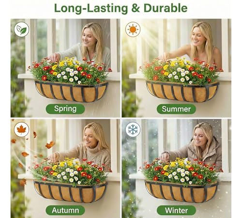 Y&M 2pcs 24 Inch Window Deck with Coco Liner, 24" Window Boxes Horse Trough with Coconut Coir Liner, Black Metal Hanging Flower Planter Window Basket Deck Railing Planter Boxes for Outdoor Indoor - size: 2p 24in
