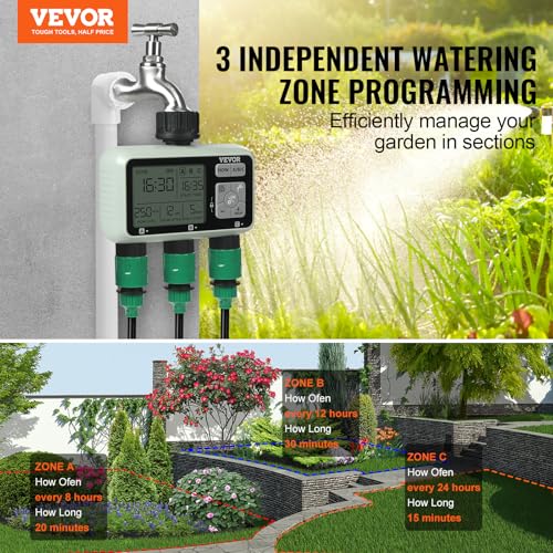 VEVOR Water Timer, 3 Outlets, Hose Watering Sprinkler Timer, with 3 Independent Watering Zone LCD Display Rain Delay Mode Manual Mode 360° Brass Inlet Metal Filter, IPX6 Waterproof for Yard Watering - style: 3 Outlet with LCD Display
