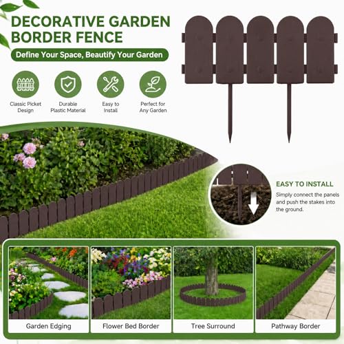 Evelyne Garden Border Plastic Edging: Wooden Fence Design - 8pcs Brown Yard Landscaping Fence Liner Lawn Edge Barrier - 10ft Kit of Decorative Lawn Panels Elements -Landscaping Edging-GMT-10374-A08 - color: Brown, size: 10ft.