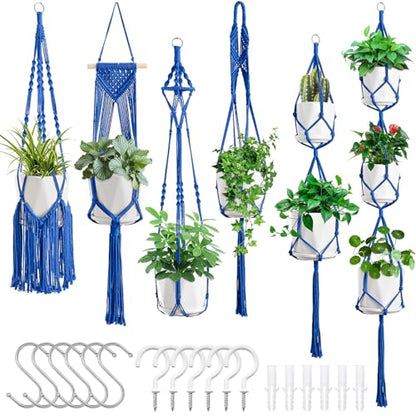 SFENNGPET Macrame Plant Hangers, 6Pack Hanging Planters for Indoor Plants - color: Navy Blue