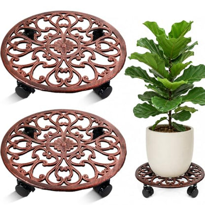 2 Pack 14 In Rolling Plant Stand with Wheels Metal Plant Caddy with Wheels - color: Antique Bronze, size: 14 inch: 2 pcs