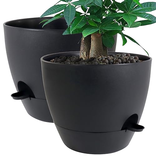 UOUZ 12inch 2Pack Large Self Watering Planters, Plastic Plant Pots with 60oZ Removable Deep Reservoir and Multi Mesh Drainage Holes for Indoor Outdoor Garden Plants and Flowers, Black - color: Black