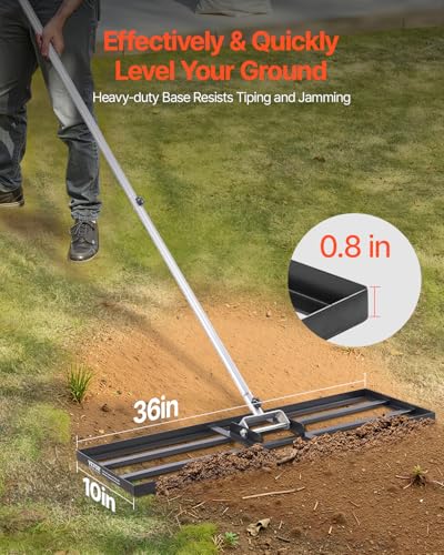 VEVOR Lawn Leveling Rake, Lawn Leveler with 83.9 in Handle, 36x10 in Ground Plate, Rust-Resistant Carbon Steel Soil Leveler, 3 Heights Adjustable, Effort Saving Lawn Leveling Tool for Yard Golf Court - size: 36x10 in, style: Classic: Carbon Steel