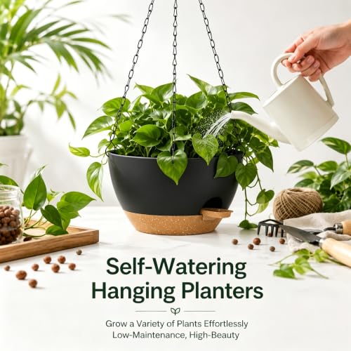 2 Pack 12 Inch Self‑Watering Hanging Planters Plant Pots, Black‑Brown - color: Black Brown