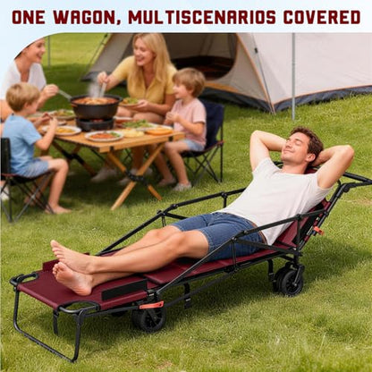 LEVELEVE Heavy Duty Folding Wagon - 2-in-1 Collapsible Cart, All-Terrain Wheels w/Brakes & Side Pockets (Red, 650lb Capacity) - color: Red, size: Large