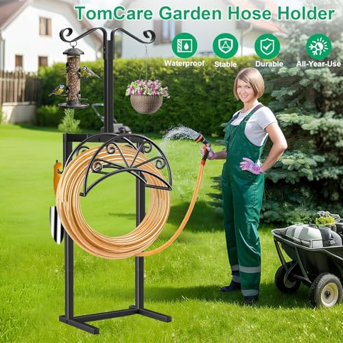 TomCare Garden Hose Holder, Heavy Duty Stand for 160FT Hose with 4 Spikes - color: Matte Black, size: 15.2″ W