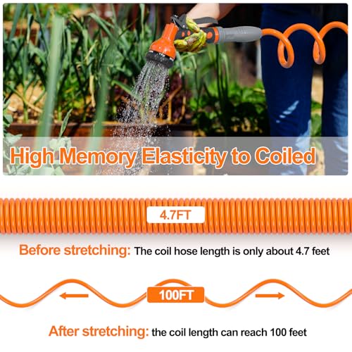 SPECILITE 3/8" Lightweight Coil Garden Hose 100 FT, EVA Flexible Water Hose - color: Orange, size: 100FT