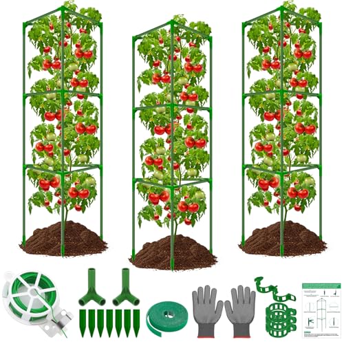 3 Packs Fiberglass Tomato Cages for Garden, 56 Inch Tall Tomato Plant Support, Adjustable Tomatoes Stakes Plant Climbing Trellis for Garden Vegetables Fruits, Tomatoes Support Cages with Clips - size: 3 Packs 56 Inches