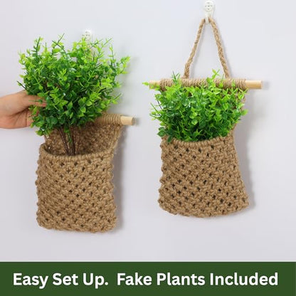 2 Packs Macrame Wall Planters with Faux Eucalyptus, Wall Decor - color: Jute