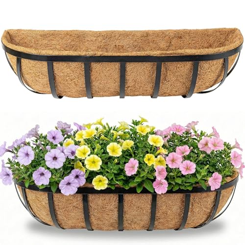 HFHOME 2 Pcs 24" Railing Planter Box with Horse Trough Coco Liners, Black Window Boxes Metal Hanging Flower Planters Baskets for Indoor, Outdoor, Balcony, Porch, Fence, Patio, and Lawn - size: 24 Inch 2-Pack Classic-Pattern