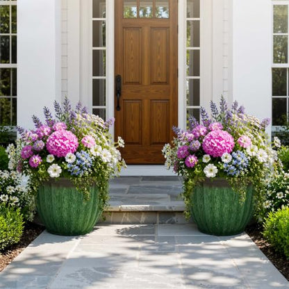 Autodaya 15" Large Planters For Outdoor Plants Set Of 2 Plastic Flower Pots - color: 15"-gradient Emerald Green With Black Rim