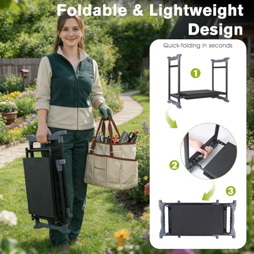 Garden Kneeler and Seat with Umbrella,Heavy Duty Gardening Bench and Stool - color: Beige & Brown