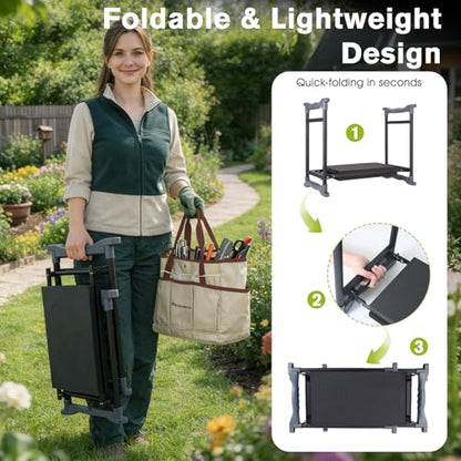 Garden Kneeler and Seat with Umbrella,Heavy Duty Gardening Bench and Stool - color: Beige & Brown