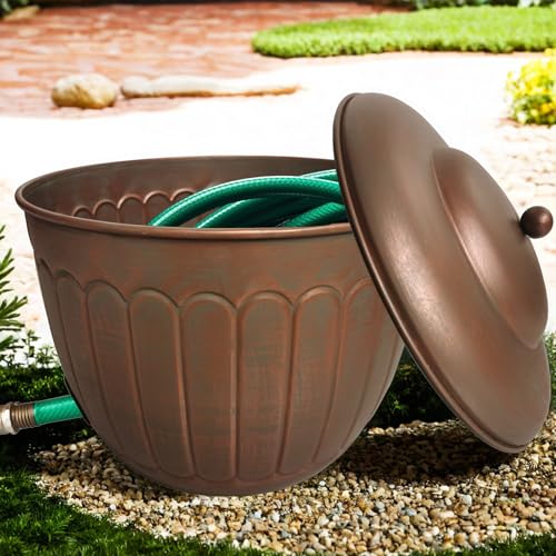 BSTGIFTS Garden Water Hose Holder - Decorative Metal Pot, Metal Hose Storage Pot, Garden Storage Organizer, Patio Portable Bucket - Antique Copper Accents, Holds up to 100ft Hoses (Embossed)