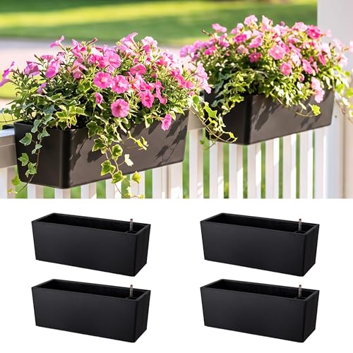 LaLaGreen Deck Railing Planter Boxes (14 Inch, 4 Pack) Self-Watering Window Box Planters with Brackets, Rectangular Hanging Flower Pots for Balcony Fence, Herb Garden Outdoor Black Plastic Planters - size: 14" x 4 Pack (with Bracket)
