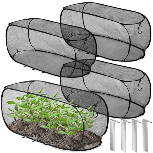 Threehoney 4 Pcs 39" x 18" x 16" Pop up Garden Mesh Plant Cover Outdoor Plant Protector Garden Row Raised Bed Cover with Ground Nails Crop Cage Net for Seedlings Vegetable Fruit Herbs (Black) - color: Black, size: 39" x 18" x 16"