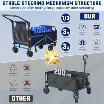 LEVELEVE Heavy Duty Folding Wagon - 2-in-1 Collapsible Cart, All-Terrain Wheels w/Brakes & Side Pockets (Blue, 400lb Capacity) - color: Blue, size: Medium