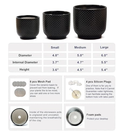 4 + 5 + 6 Inch Ceramic Pots for Indoor Plants, Succulents Plant Pots, Orchid Flower Pot with Drainage Hole, Modern Clay Stoneware Planters, Set of 3 (Black, 4+5+6 Inch) - color: Black