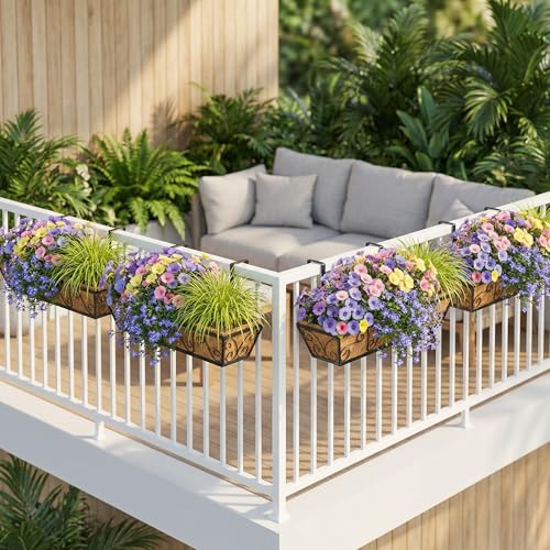 HFHOME 30 Inch Railing Planter Box with Coco Liners for Deck, Porch, Fence, Patio, Balcony Hanging Flower Railing Baskets with Adjustable Brackets, Outdoor Garden - 4 Packs - size: 30"-4P Butterfly