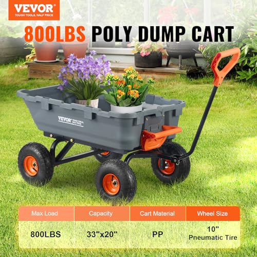 VEVOR 800lbs Poly Dump Garden Cart, Heavy Duty Yard Dump Cart Wagon, 4 Wheel Wheelbarrow with 10in Tires, 180°Rotating Handle, Steel Frame and Quick Release System - color: Gray