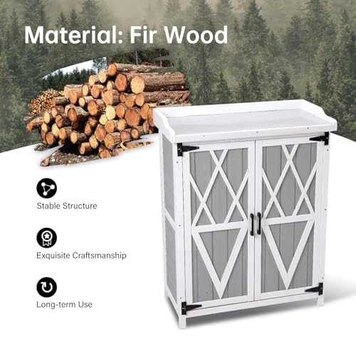 Outdoor Cabinet with Metal Tabletop Garden Potting Bench Table - Outdoor Garden Patio Wooden Storage Cabinet with Adjustable Shelf, Wooden Storage Cabinets, Weatherproof for Garden Patio Lawn