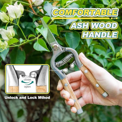 Berry&Bird Straight Pruning Shears with Stainless Steel Blades Garden Hand Pruner 8'' Scissors with Wooden Handle Clippers for Gardening Trimming Cutting Bonsai - style: 8'' Straight Blade Scissors