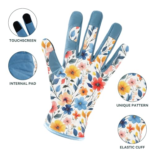 Gardening Gloves for Women, Touchscreen Printed Thorn-Proof - color: Blue 1, size: Medium
