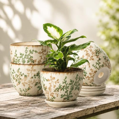 Retro Ceramic Garden Pots, 5.8 Inch Plant Pots with Drainage and Attached Saucer Set of 4, Chinoiserie Floral Large Flower Pots for Home Decor, Plant Lover Gifts, White Green - size: 5.8 inch, set of 4