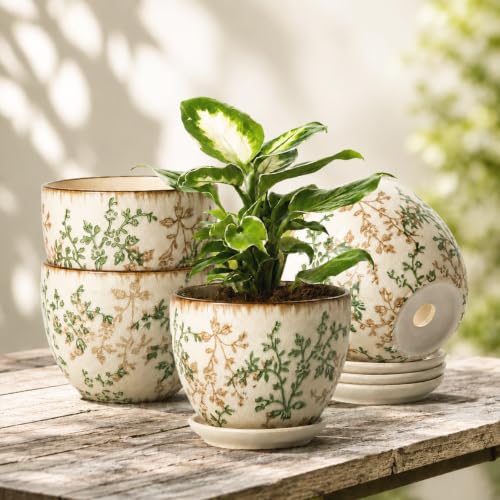 Retro Ceramic Garden Pots, 5.8 Inch Plant Pots with Drainage and Attached Saucer Set of 4, Chinoiserie Floral Large Flower Pots for Home Decor, Plant Lover Gifts, White Green - size: 5.8 inch, set of 4