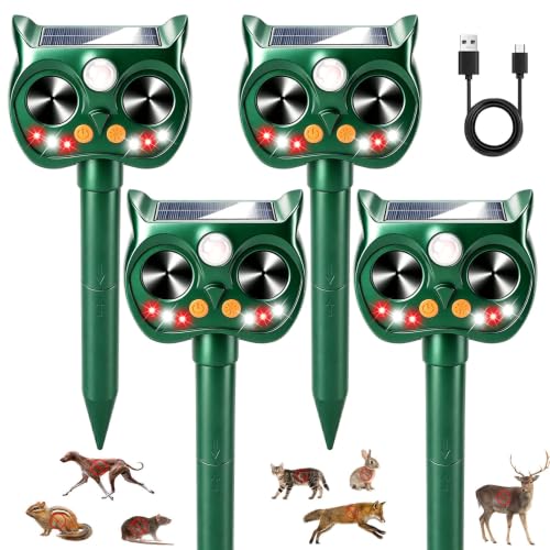 4Pack Upgraded Deer Repellent Devices Solar Ultrasonic Animal Repellent Outdoor with Motion Sensor Strobe Light for Squirrel Raccoon Rabbit Cat Bird Volume Control Keep Pests Out of Yard Farm