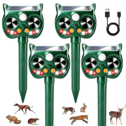 4Pack Upgraded Deer Repellent Devices Solar Ultrasonic Animal Repellent Outdoor with Motion Sensor Strobe Light for Squirrel Raccoon Rabbit Cat Bird Volume Control Keep Pests Out of Yard Farm
