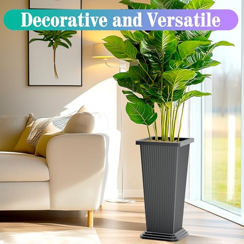 TUYOHW 24 Inch Tall Tapered Square Planters (Set of 2) - Indoor Outdoor Large Flower Pots with Built-in Drainage & Matching Water Tray for Patio, Garden, Home - Gray - color: Gray-ribbed
