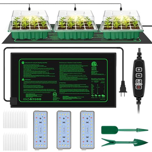 2026 Seed Starter Trays with Grow Lights and Heat Mat, 36 Extra Large Cells Plant Starting Kit, 4 Timing Set ,Humidity Domes Heightened Lids for Greenhouse Germination Seeds Growing Starting (3PACK)