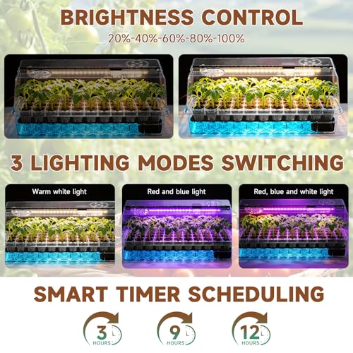 Seed Starter Tray Self Watering, Seed Starter Kit with Grow Light, Full Spectrum Grow Light for Seedling with Timer, Indoor Plant Grow Tray for Beginners & Seasoned Gardeners (144 Cells) - size: 144 Cells