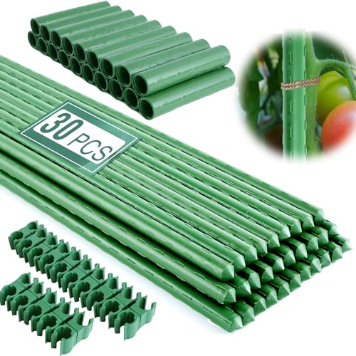 Fabulas Garden Stakes 16 Inch 30 Pack, Diy 4ft 5ft 6ft 7ft 8ft Tomato Stakes Plastic Coated Metal Plant Sticks Stakes Supports with 20 Connectors 15 Rotatable Clips for Indoor Outdoor Plants Vegetable - size: 16inch-30pcs
