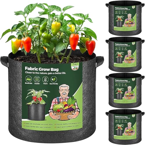 T4U Fabric Plant Grow Bags with Handle 7 Gallon Pack of 5, Heavy Duty Nonwoven Smart Garden Pot Thickened Aeration Nursery Container Black for Outdoor Potato, Tomato, Chili, Carrot and Vegetables - size: 7 Gallon-5 Packs