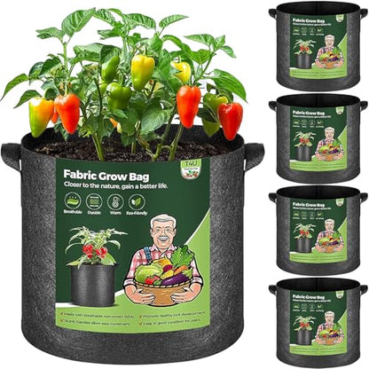 T4U Fabric Plant Grow Bags with Handle 7 Gallon Pack of 5, Heavy Duty Nonwoven Smart Garden Pot Thickened Aeration Nursery Container Black for Outdoor Potato, Tomato, Chili, Carrot and Vegetables - size: 7 Gallon-5 Packs