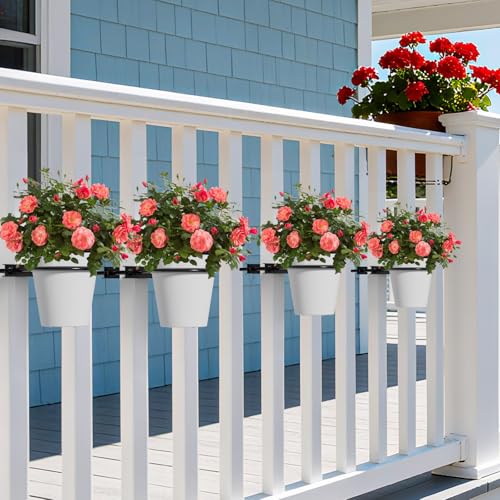 Hanging Flower Pots Holder, 2 Set Deck Railing Plant Container Holder with Pot, Pipe Clip Fence Planters Tray for Indoor & Outdoor Fence Balcony Patio Porch Railing