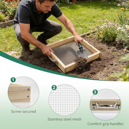 Soil Sifter for Gardening Dirt Sifter with 0.19 inch Metal Wire Mesh Sifting Screen Wood Rocks Sifter with Handle Screen Compost Sifter Garden Essentials（12.5x11.4 in） - size: 0.19 inch aperture