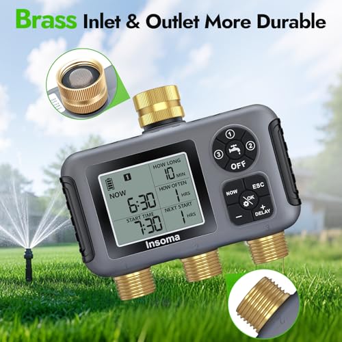 Insoma Water Timer with Brass Inlet, 3 Independent Zones Outdoor Hose Timer for Garden Faucet with Auto/Manual/Rain Delay Mode, IPX5 Waterproof, Sprinkler Irrigation Controller for Yard Lawn - size: 3-Zones-TT