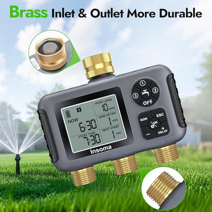 Insoma Water Timer with Brass Inlet, 3 Independent Zones Outdoor Hose Timer for Garden Faucet with Auto/Manual/Rain Delay Mode, IPX5 Waterproof, Sprinkler Irrigation Controller for Yard Lawn - size: 3-Zones-TT