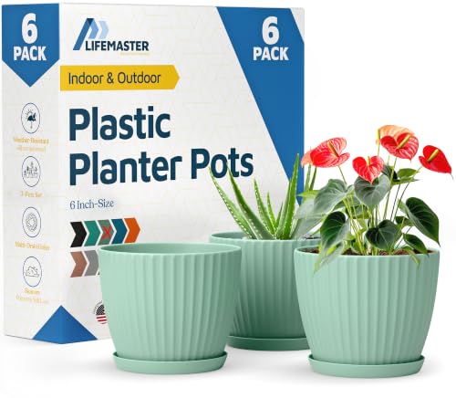 Mint 6-Inch Plant Pots with Drainage & Saucers 6 Pack, Indoor & Outdoor Planters for Houseplants, Herbs, and Flowers, Durable & Weatherproof Material, Stackable, Lightweight, Minimalist Design - color: Mint, size: Pack of 6
