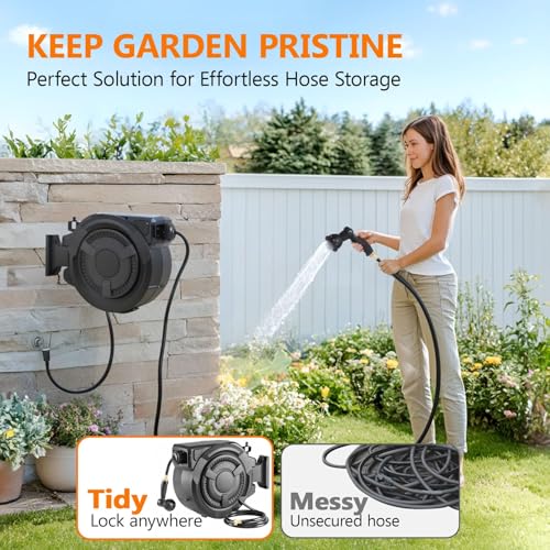 wikiwiki Retractable Garden Hose Reel, 1/2" x 130FT, Auto Rewind Wall Mount - size: 1/2 in 130 ft